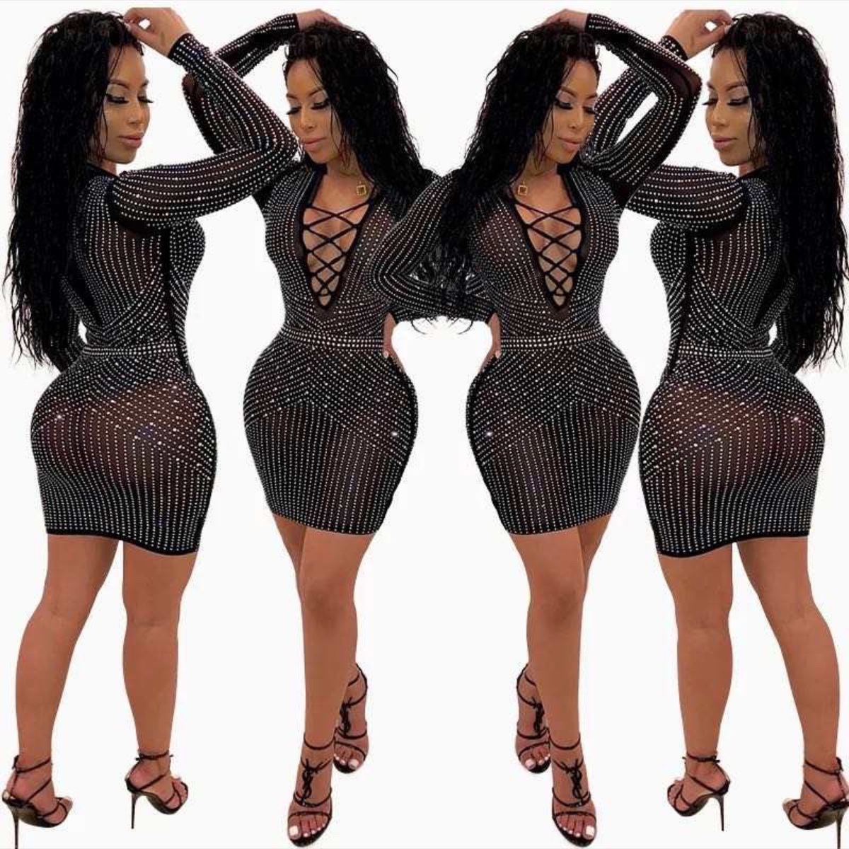 Embellished Plunge Neckline Sheer Bodycon Dress