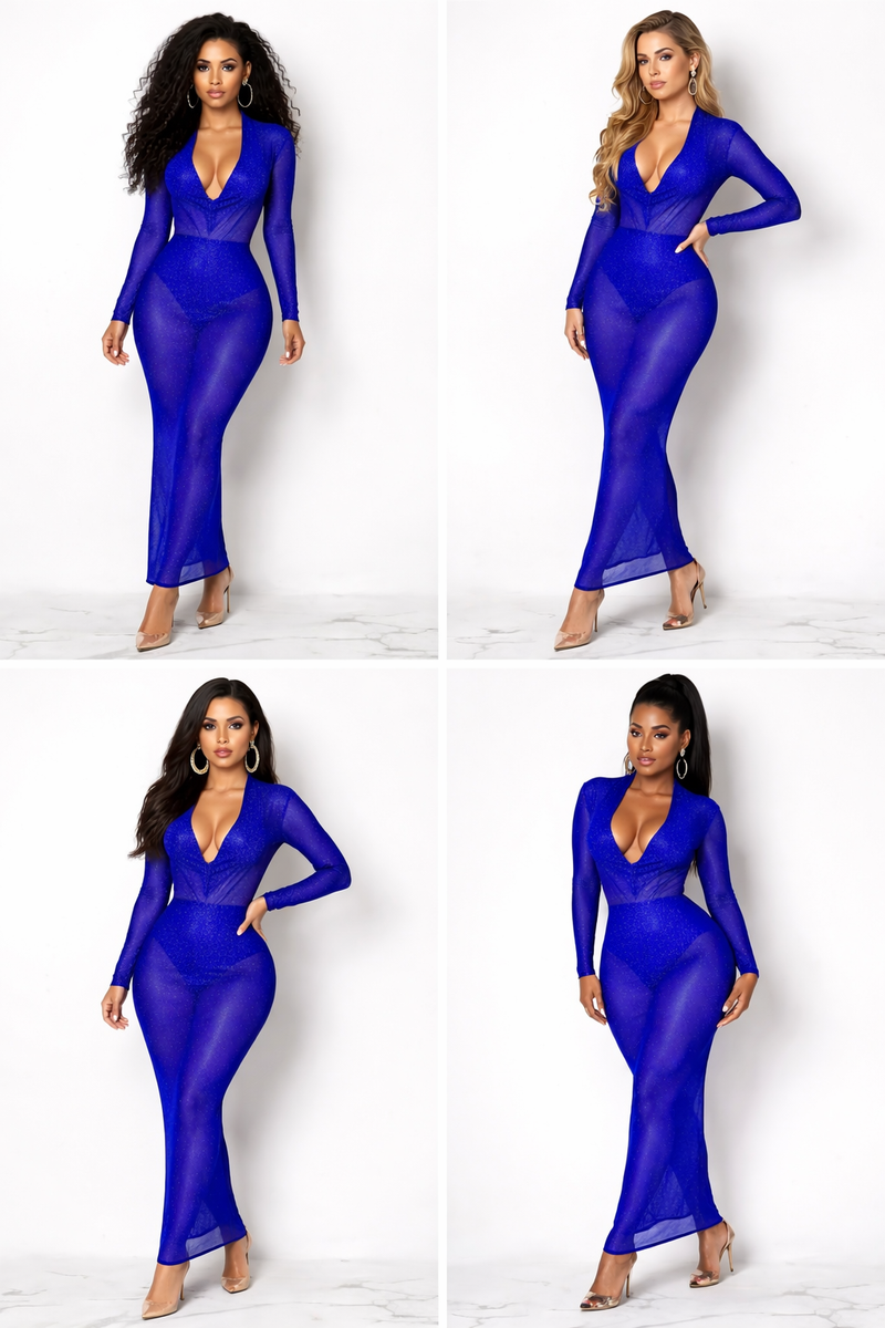 Sexy Mesh See Through Glitter Evening Party Long Dress