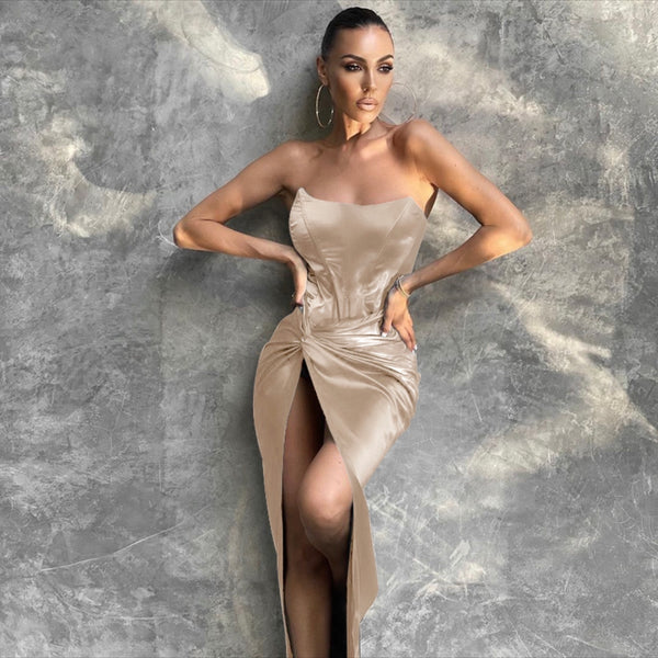 Romancing Beige Satin Bandeau Corset Detail Maxi Dress