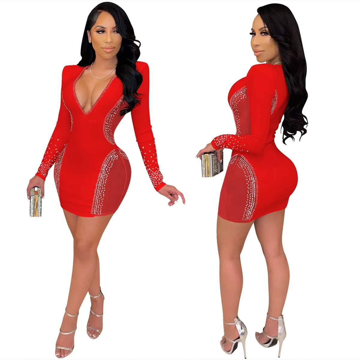 Embellished Mesh Cut-Out V-Neck Bodycon Mini Dress