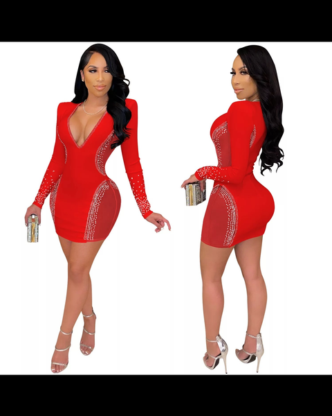 Embellished Mesh Cutout V-Neck Bodycon Mini Dress