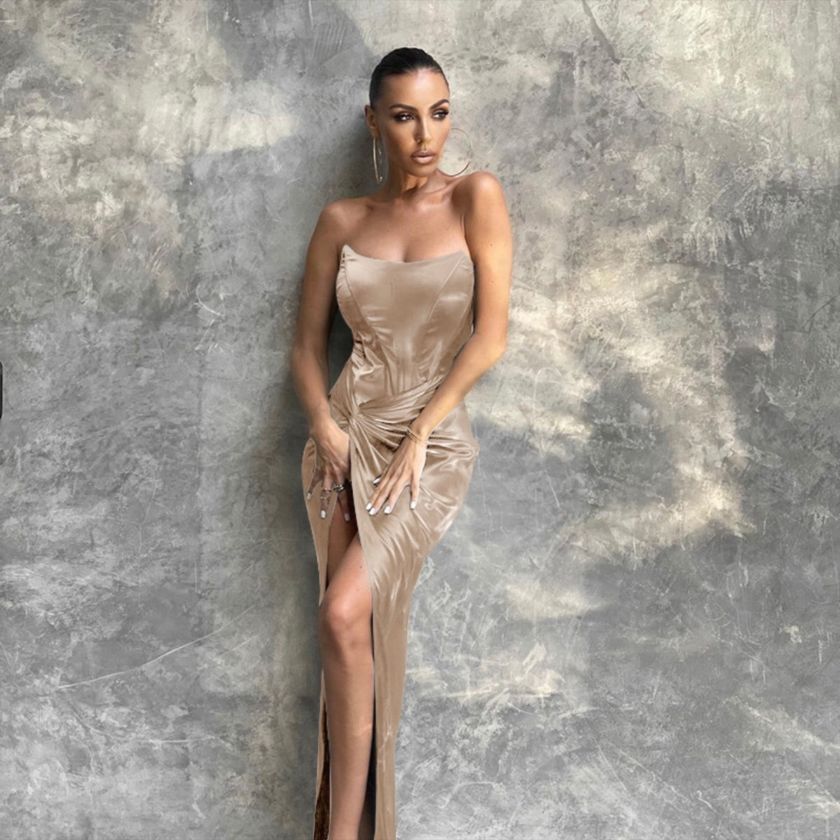 Romancing Beige Satin Bandeau Corset Detail Maxi Dress