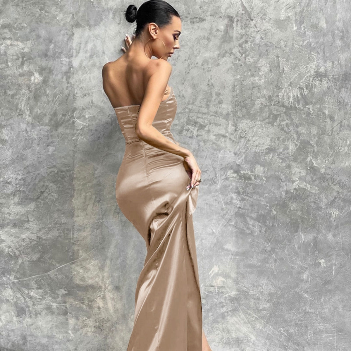 Romancing Beige Satin Bandeau Corset Detail Maxi Dress