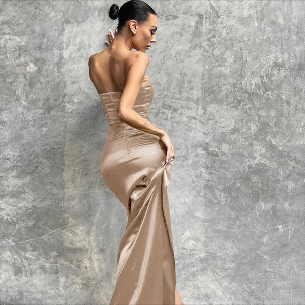 Romancing Beige Satin Bandeau Corset Detail Maxi Dress