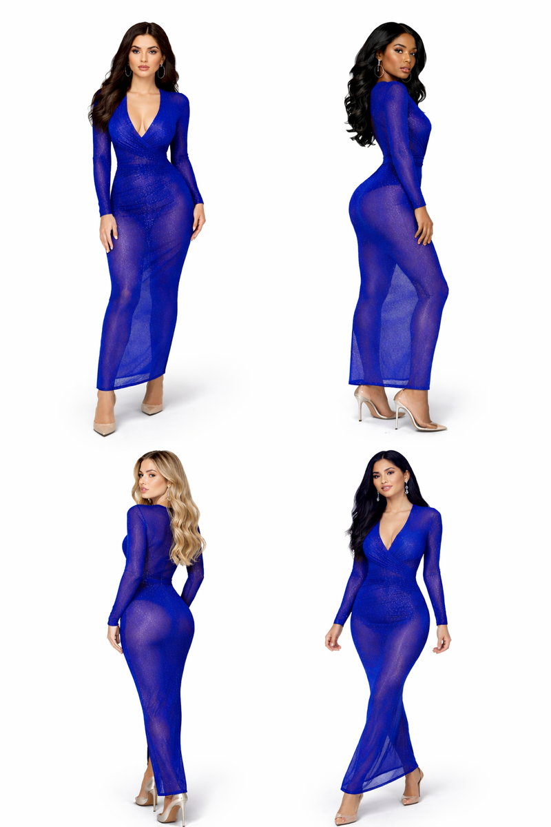 Sexy Mesh See Through Glitter Evening Party Long Dress