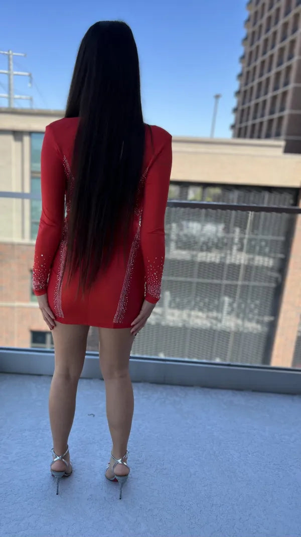 Embellished Mesh Cut-Out V-Neck Bodycon Mini Dress