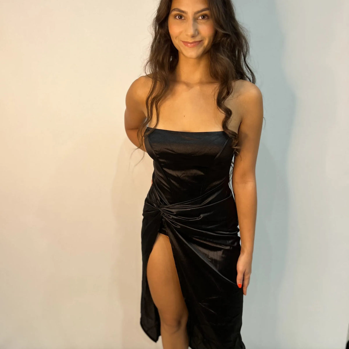 Satin Strapless Knotted Slit Dress