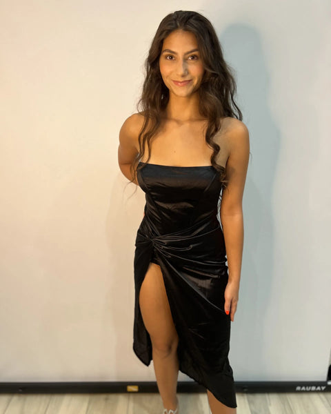 Satin Strapless Knotted Slit Dress