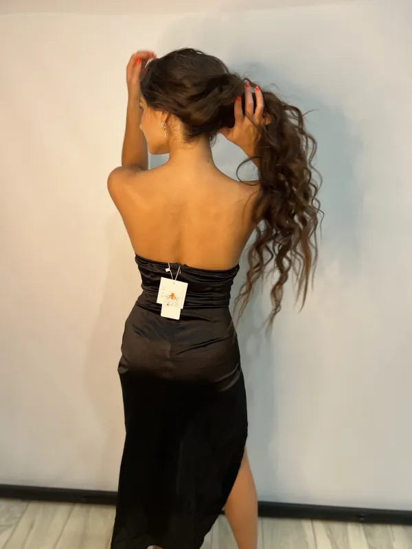 Satin Strapless Knotted Slit Dress