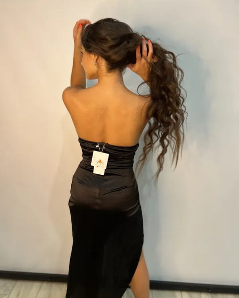 Satin Strapless Knotted Slit Dress